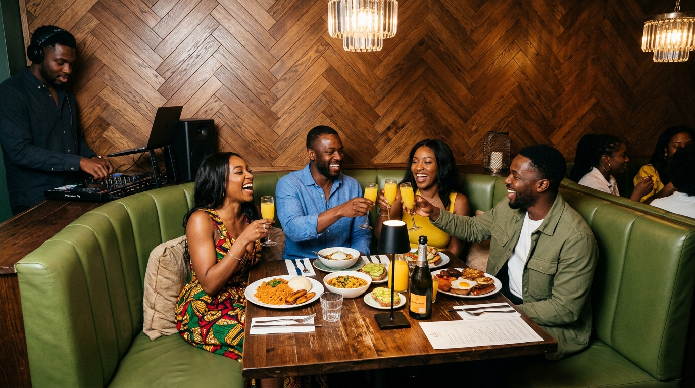Friends toasting mimosas at brunch with a DJ spinning in the background